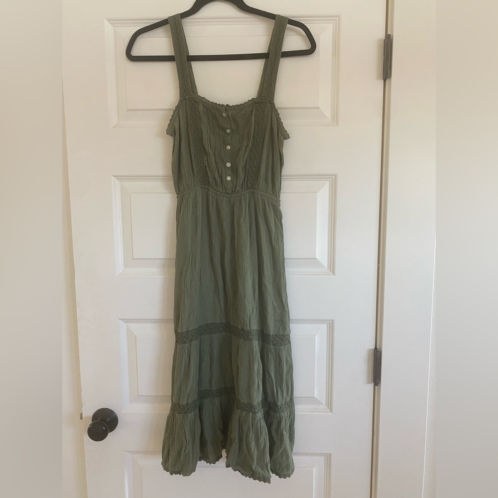 aerie Olive Green Sleeveless Summer Dress with Lace Trim - Picture 6 of 7